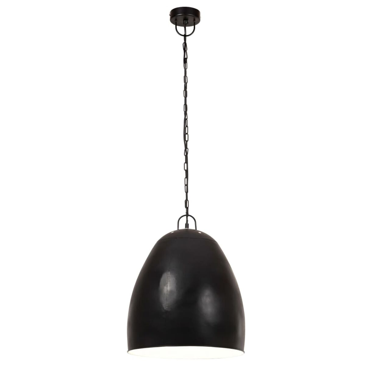Eine schwarze Pendelleuchte. Es hat eine bauchige Form. Der Hintergrund ist weiß.