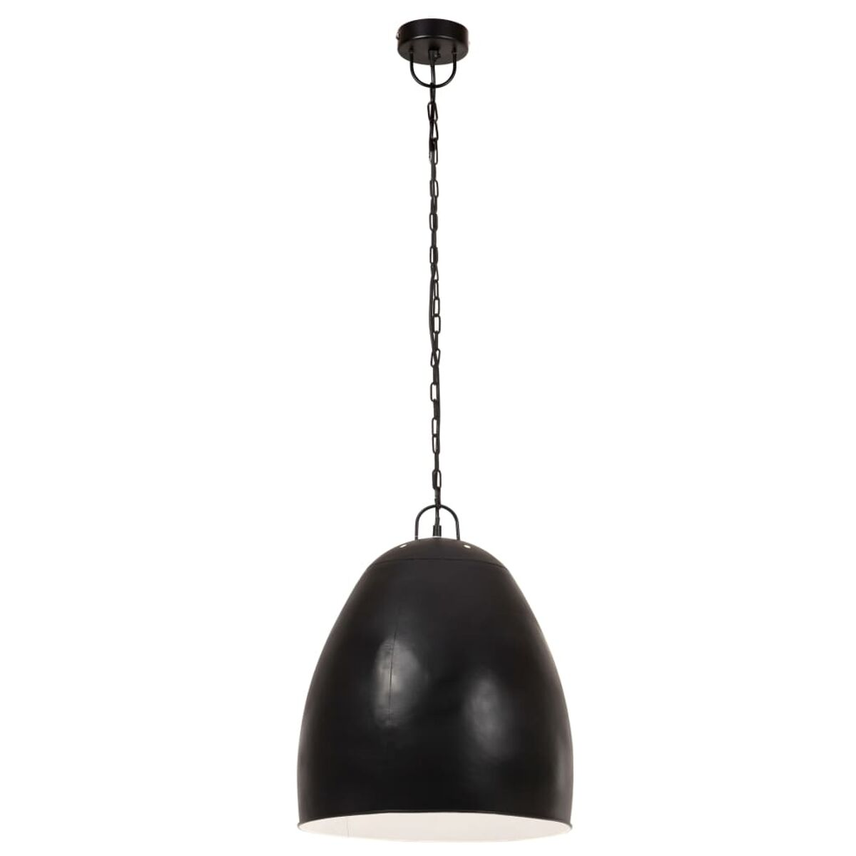 Eine schwarze tropfenförmige Pendelleuchte, die an einer Kette hängt. Weißes Innere.
