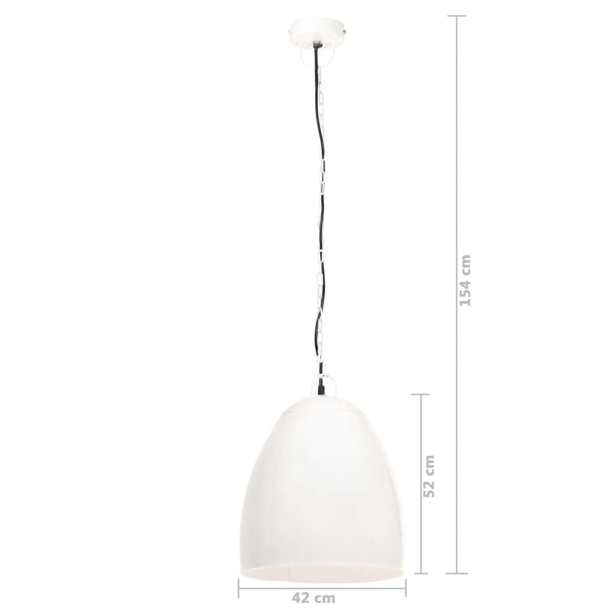 Weiße Pendelleuchte mit Maßen: 154 cm lang, 42 cm breit, 52 cm hoch. Weißer Hintergrund.