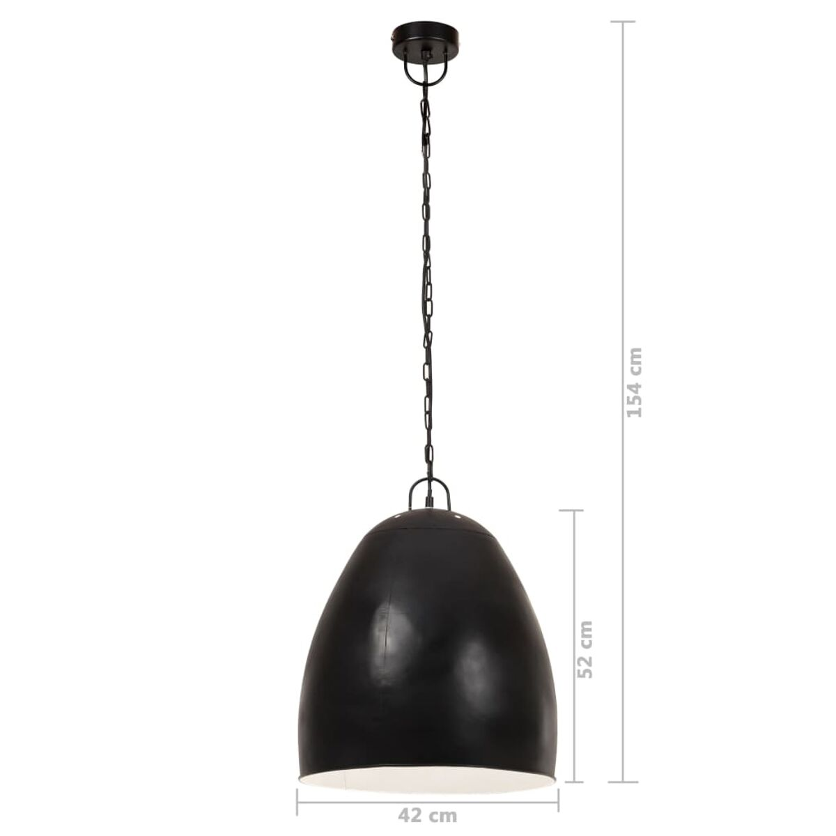 Schwarze Pendelleuchte, ovale Form, 42 cm breit, 52 cm hoch, hängt an Kette.
