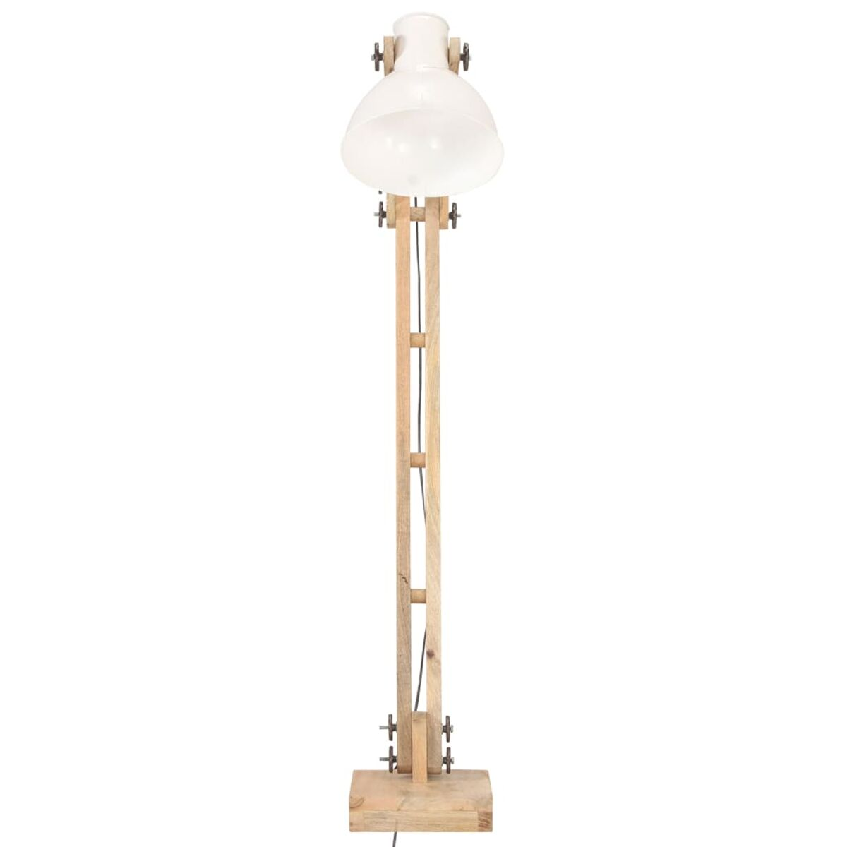Stehlampe aus Holz mit weißem Lampenschirm und Holzrahmen. Sichtbares Licht.