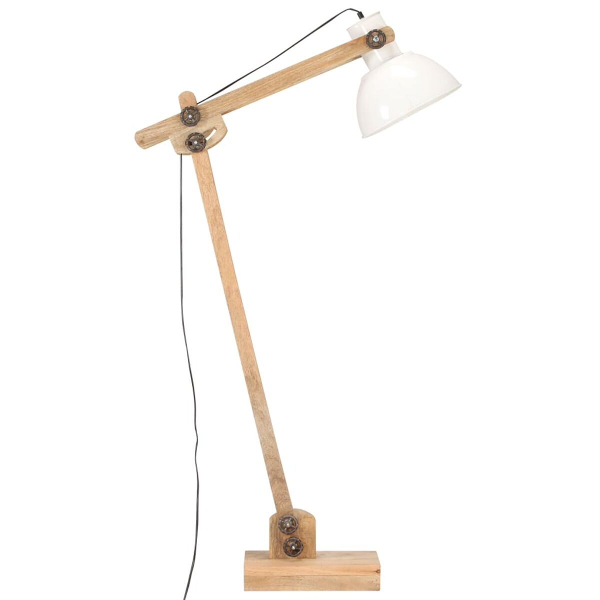 Holz-Stehlampe mit verstellbarem Arm und weißem Schirm auf weißem Grund.