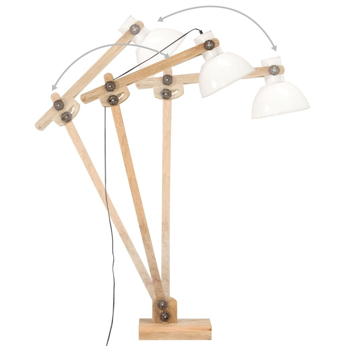 Stehlampe aus Holz mit verstellbaren Armen und weißen Lampenschirmen.