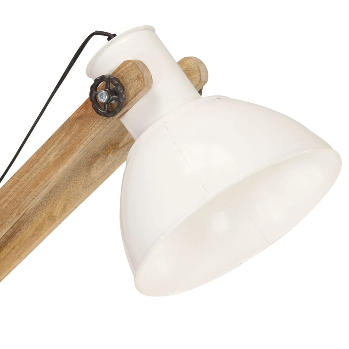 Weiße und Holz-Schreibtischlampe mit großem weißen Schirm und Holzarm.