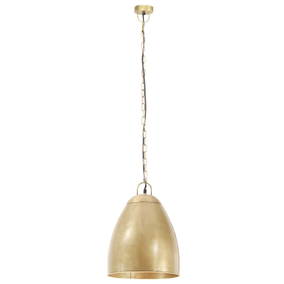 Goldene Pendelleuchte. Metallschirm, Kette und Deckenbefestigung. Isoliert auf weißem Hintergrund.