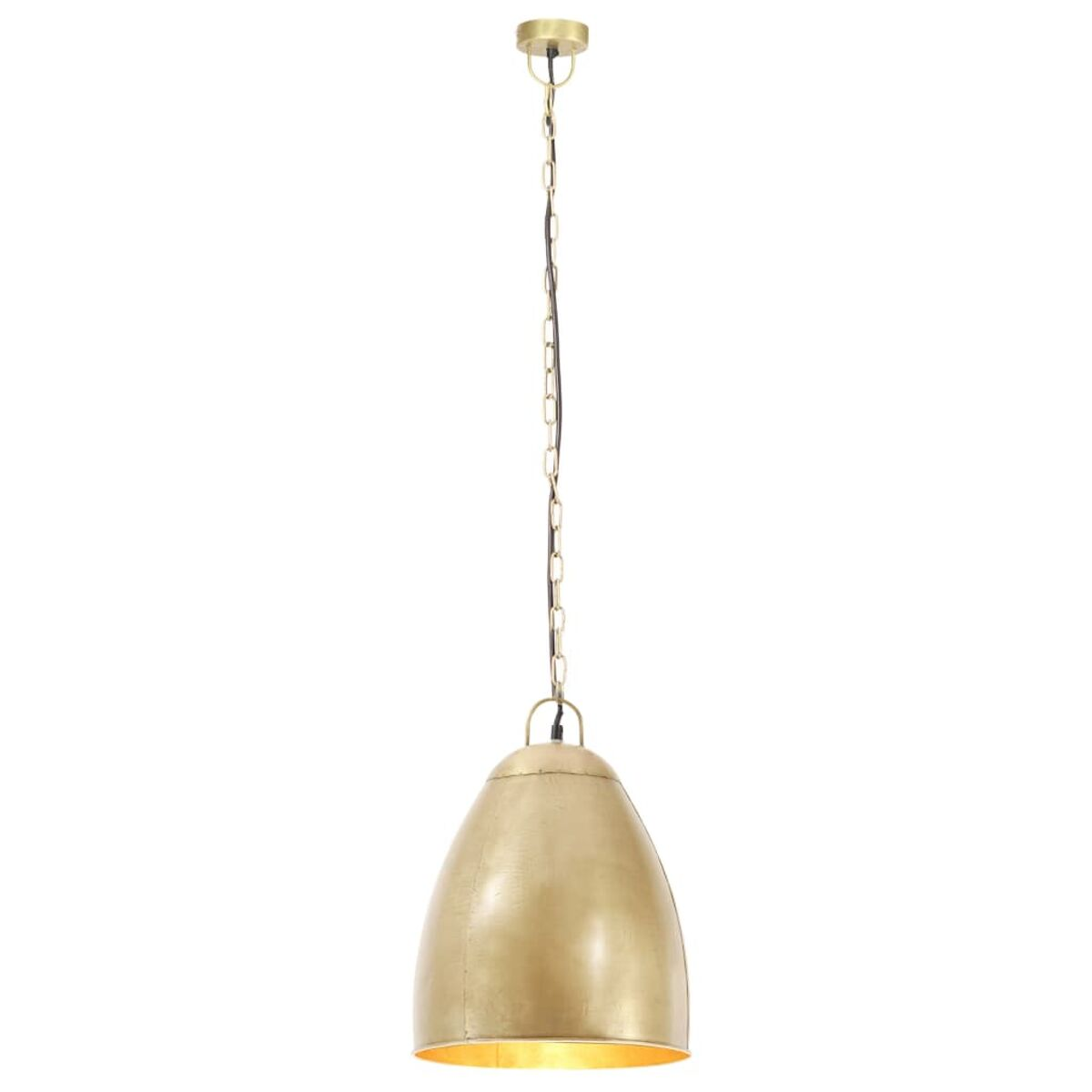 Goldene Pendelleuchte mit Kette. Das Licht hat eine abgerundete Form. Weißer Hintergrund.