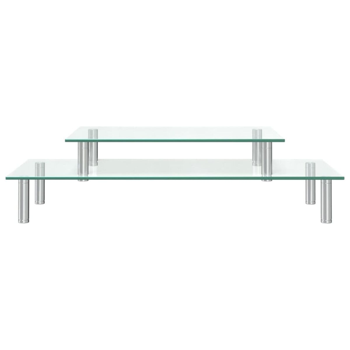 Glas-Couchtisch mit zwei Ebenen, getragen von silbernen Metallbeinen.