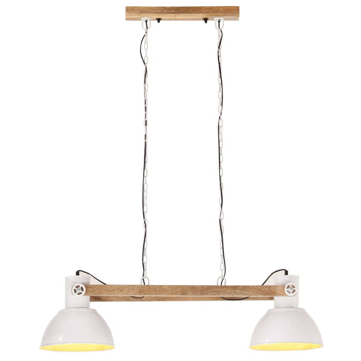 Hängeleuchte mit zwei weißen Lampenschirmen. Holzleiste mit Ketten.
