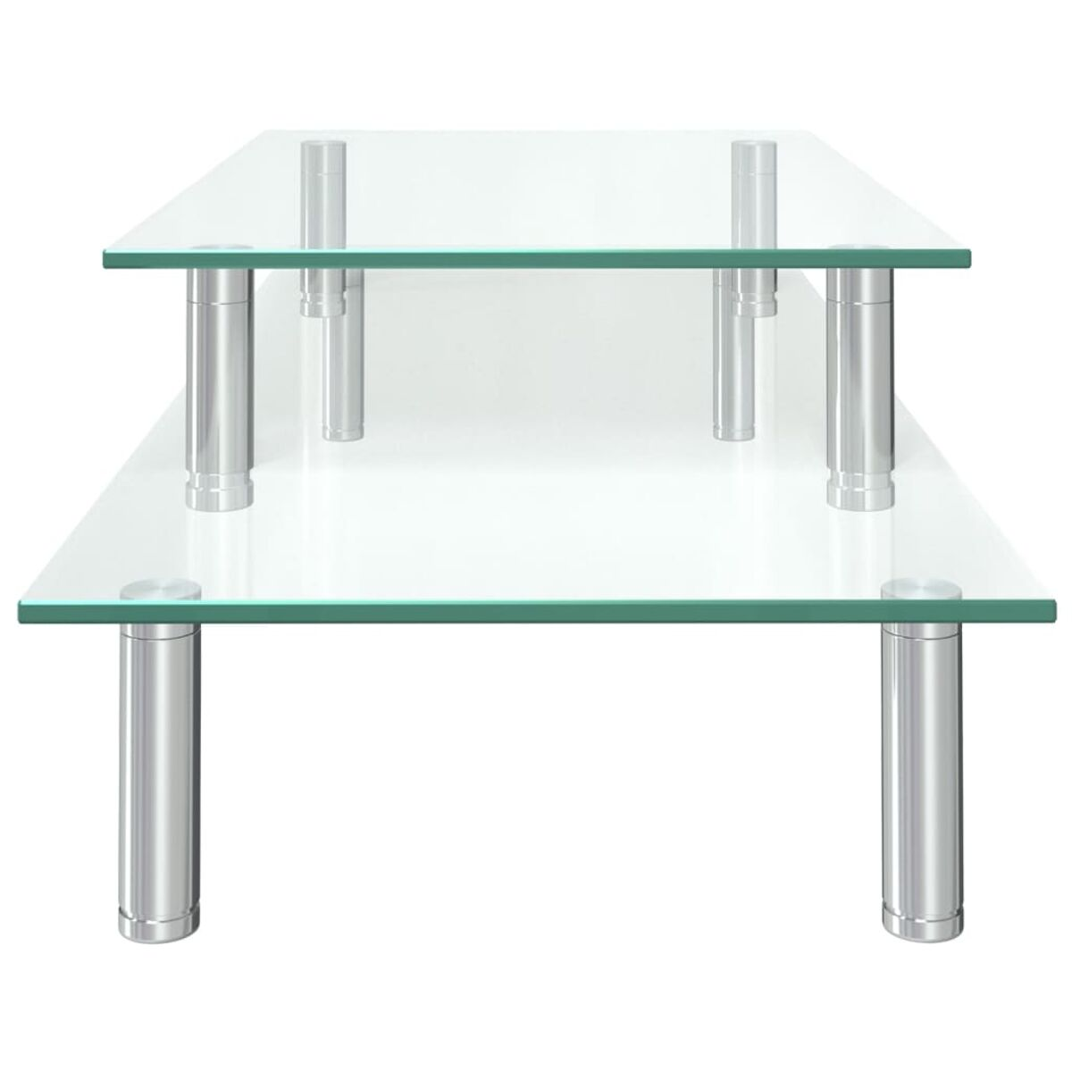 Ein Couchtisch aus Glas mit zwei Glasoberflächen und silbernen Beinen.