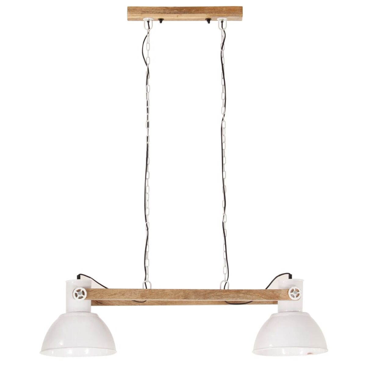 Zwei weiße Pendelleuchten mit einem Holzbalken. Die Lampen haben einen weißen Schirm.