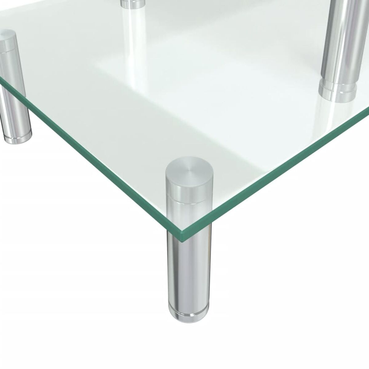 Klarer Glastisch mit Metallbeinen auf weißem Hintergrund.