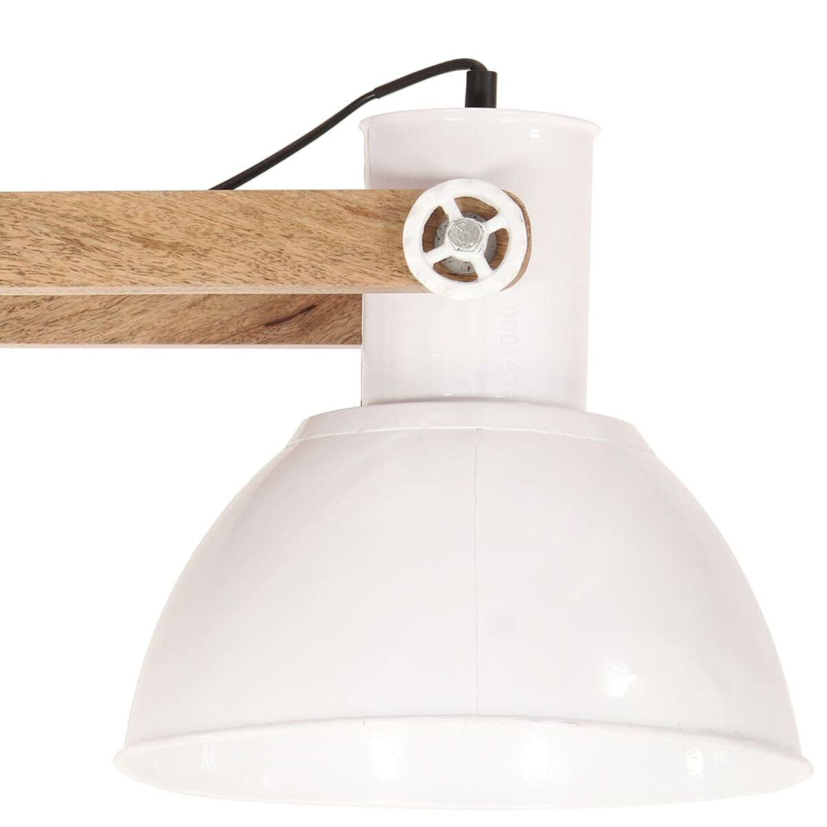 Weiße Lampe mit Holzarm und weißem Schirm.