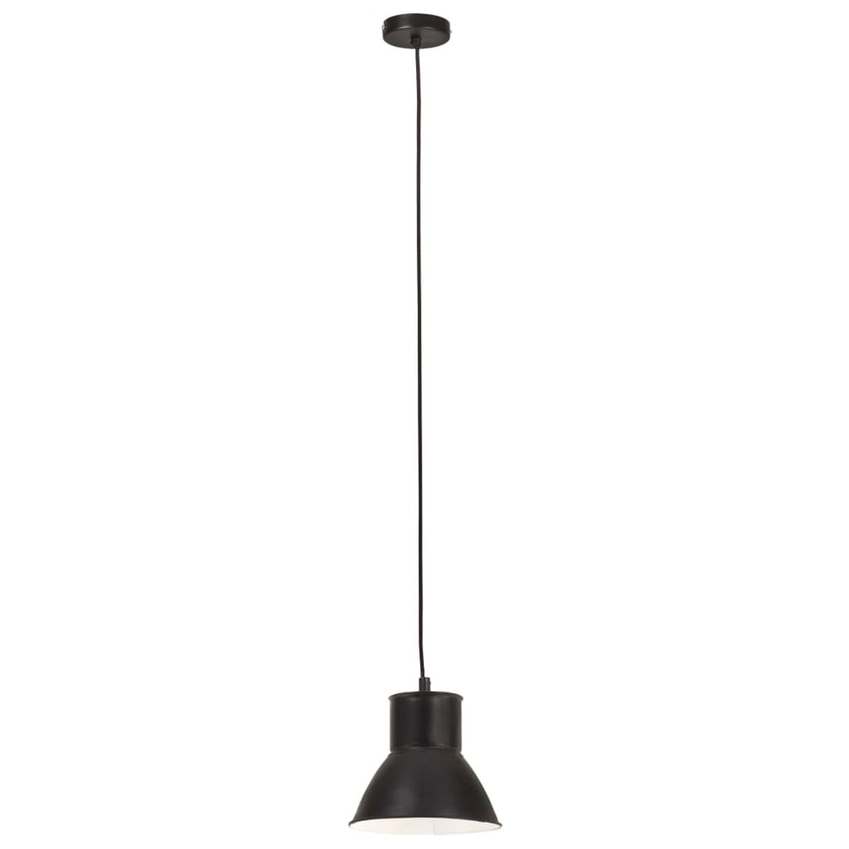Schwarze Pendelleuchte. Schwarzer Metallschirm. Einzelne Glühbirne. Schwarzes Kabel. Weißer Hintergrund.
