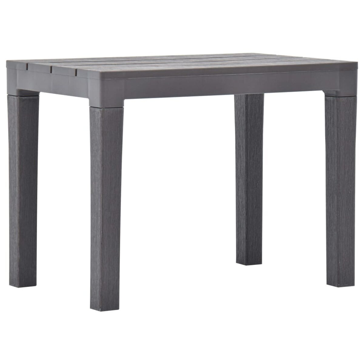 Ein kleiner, quadratischer Tisch mit dunkelgrauer Oberfläche und Beinen.