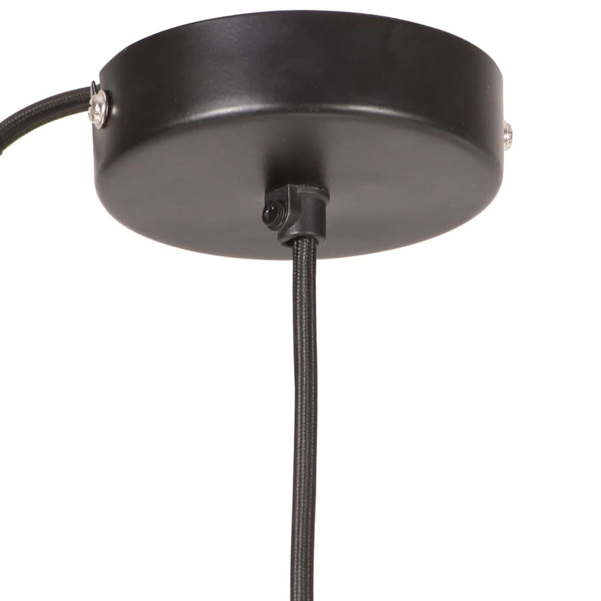 Schwarze Deckenleuchte mit schwarzem Kabel. Schrauben befestigen die Leuchte.