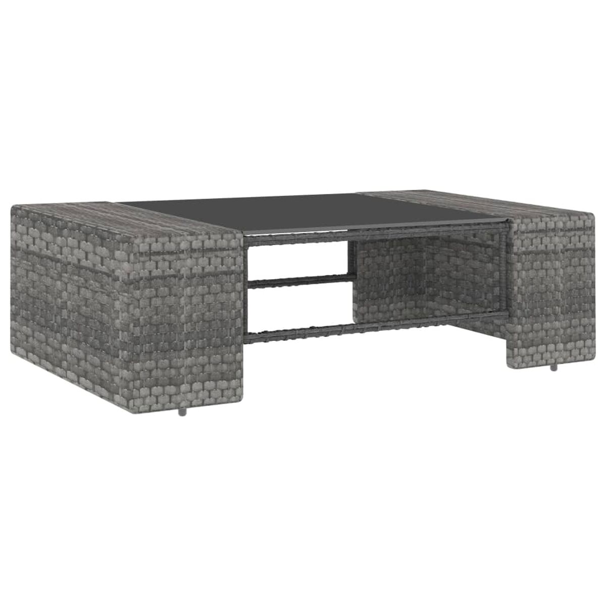 Grauer, gewebter Couchtisch mit Glasplatte und quadratischer Form. Einfaches Design.