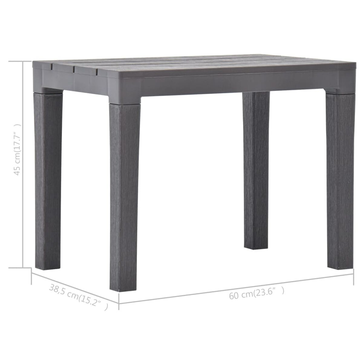 Quadratischer grauer Tisch mit vier Beinen. Abmessungen sind angegeben.