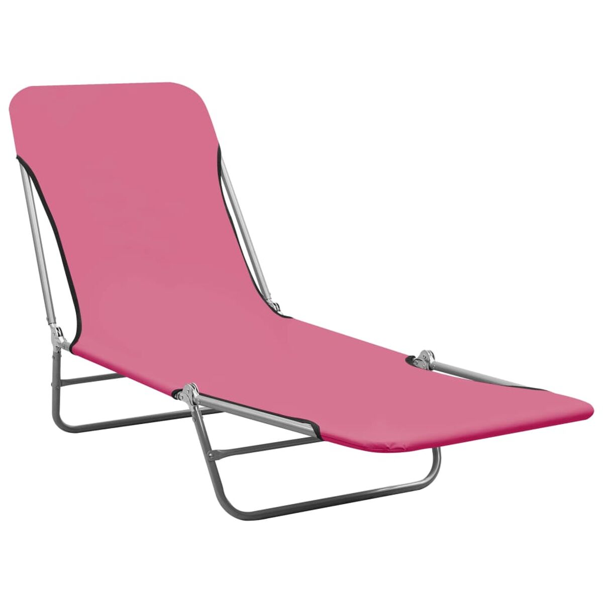 Pinkfarbener Strandstuhl für draußen mit schwarzem Rahmen.