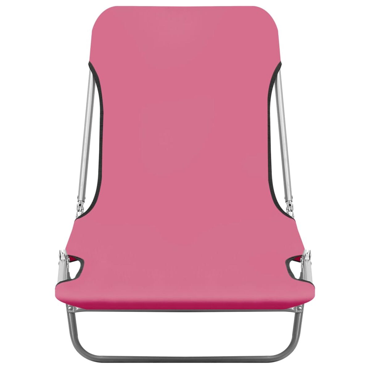 Ein pinkfarbener Klapp-Strandstuhl mit Metallrahmen, von hinten gesehen.