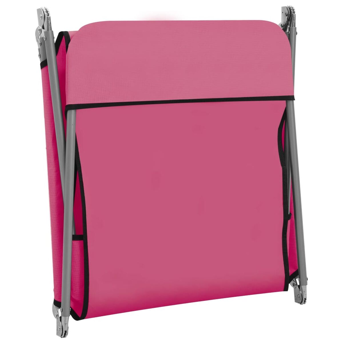 Zusammengeklappter, rosa Klappstuhl mit grauem Rahmen. Schwarze Kanten.