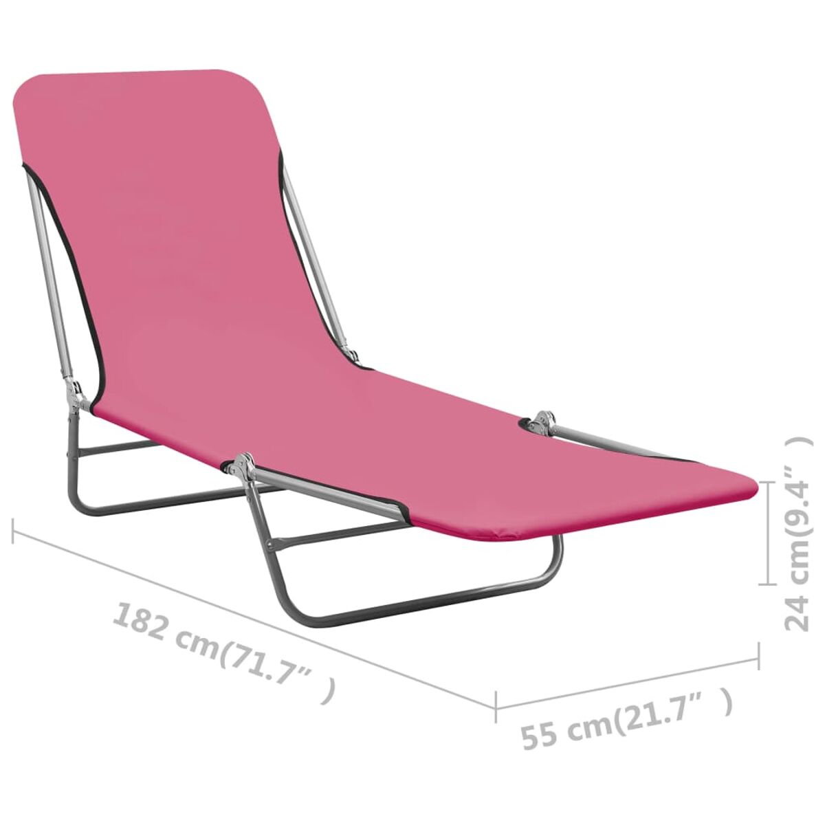 Ein pinkfarbener, zusammenklappbarer Sonnenliegestuhl mit Maßen in cm und Zoll, auf weißem Grund.