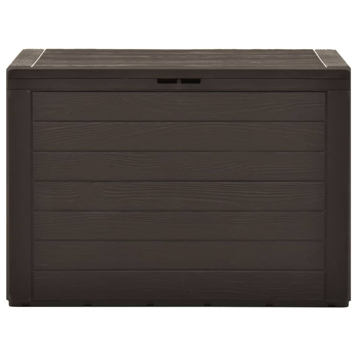 Eine braune Aufbewahrungsbox. Sie ist rechteckig und hat Holzmaserungsdetails auf weißem Hintergrund.