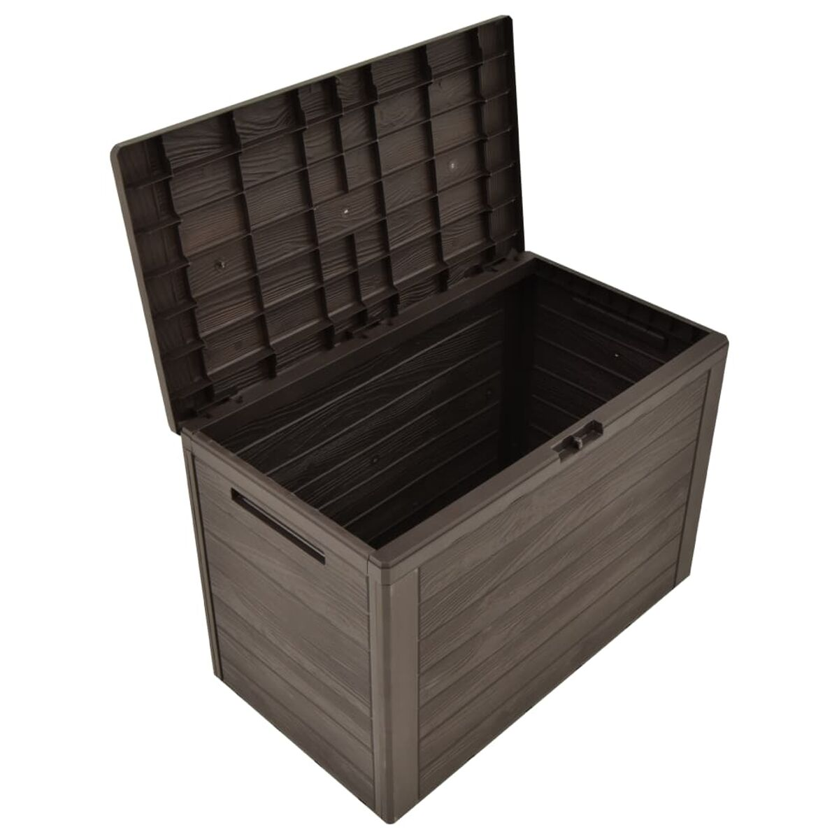 Dunkelbraune Aufbewahrungsbox mit offenem Deckel. Die Box hat eine Holzmaserung.