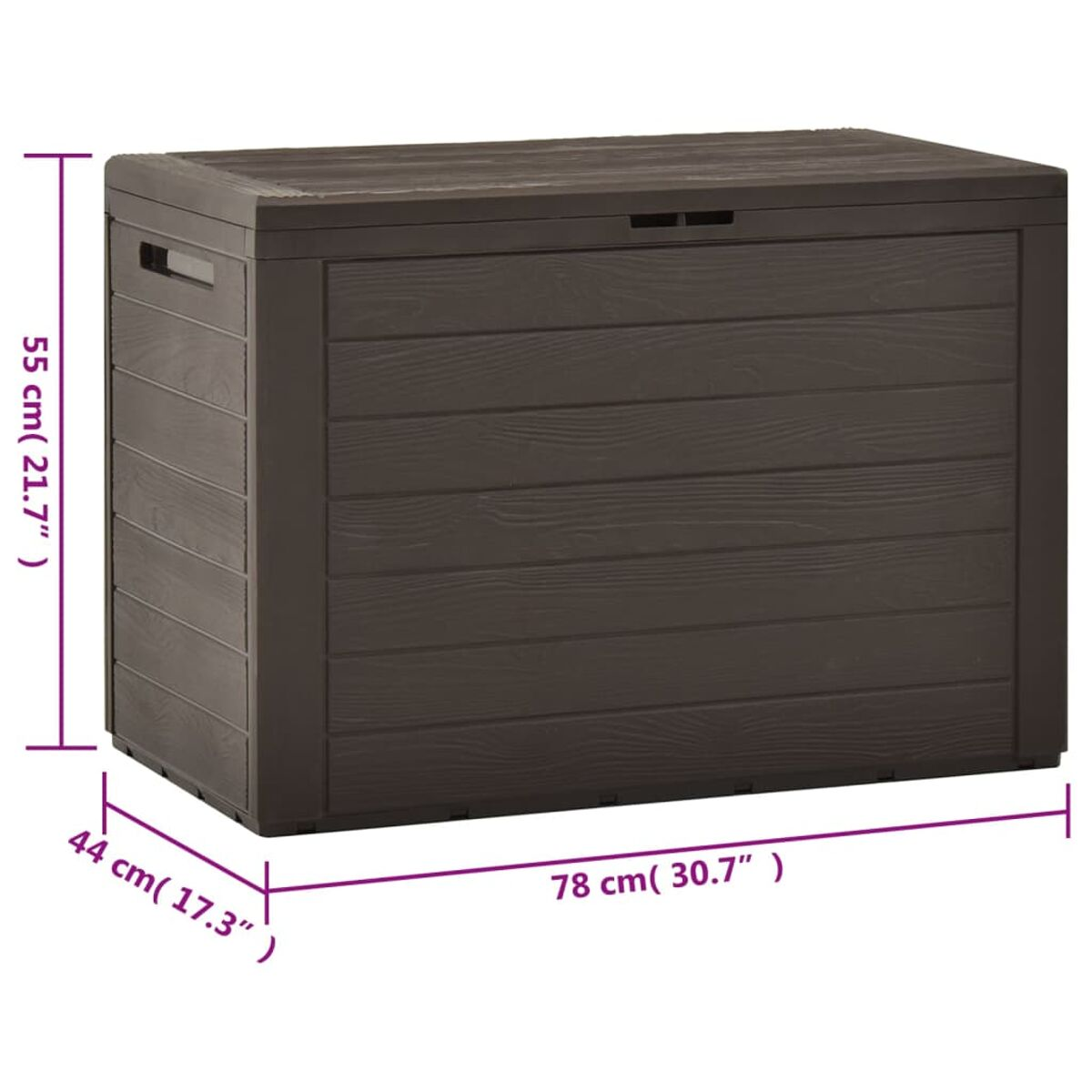Eine braune Aufbewahrungsbox aus holzähnlichem Material, mit Maßangaben.