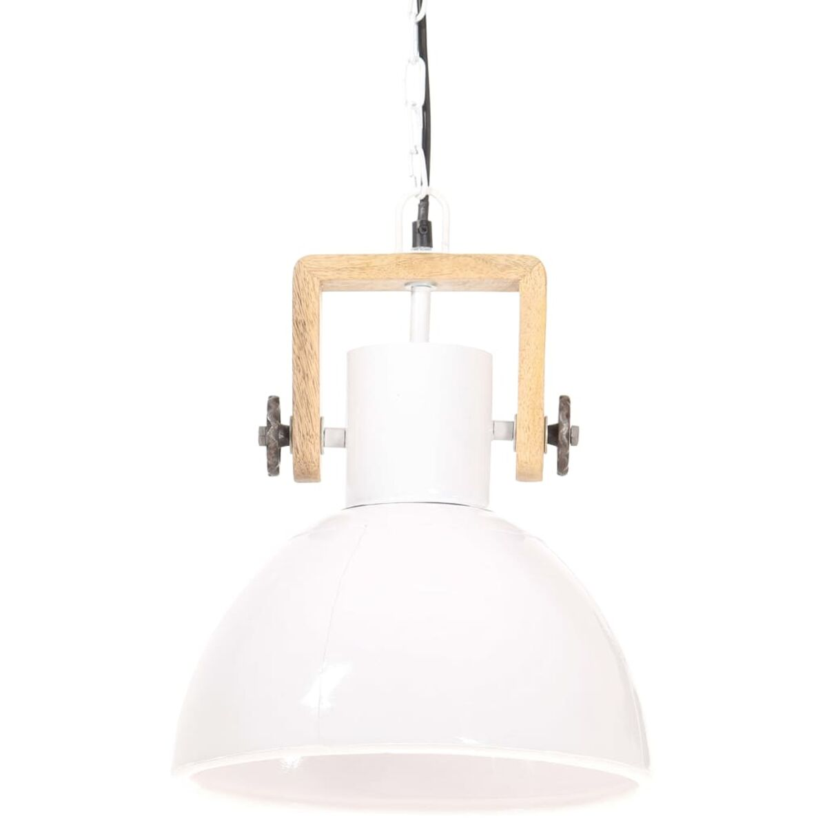 Weiße Pendelleuchte mit Holzrahmen und zwei Schrauben. Die Lampe ist weiß und rund.
