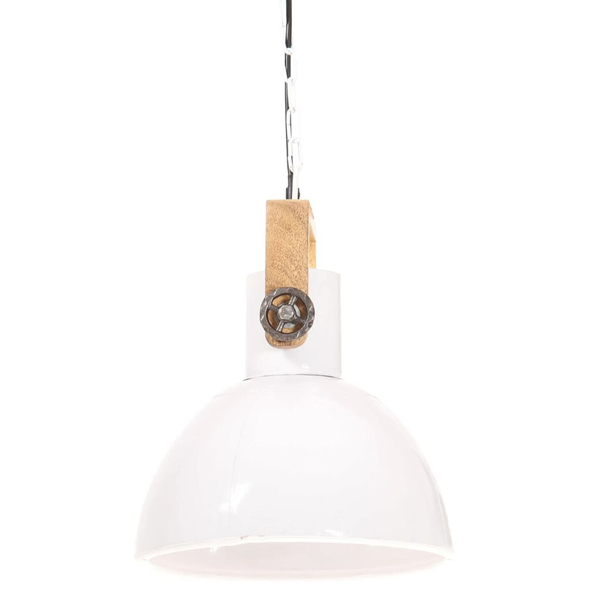 Weiße Pendelleuchte mit Holzdetails und weißem Kuppel-Schirm.