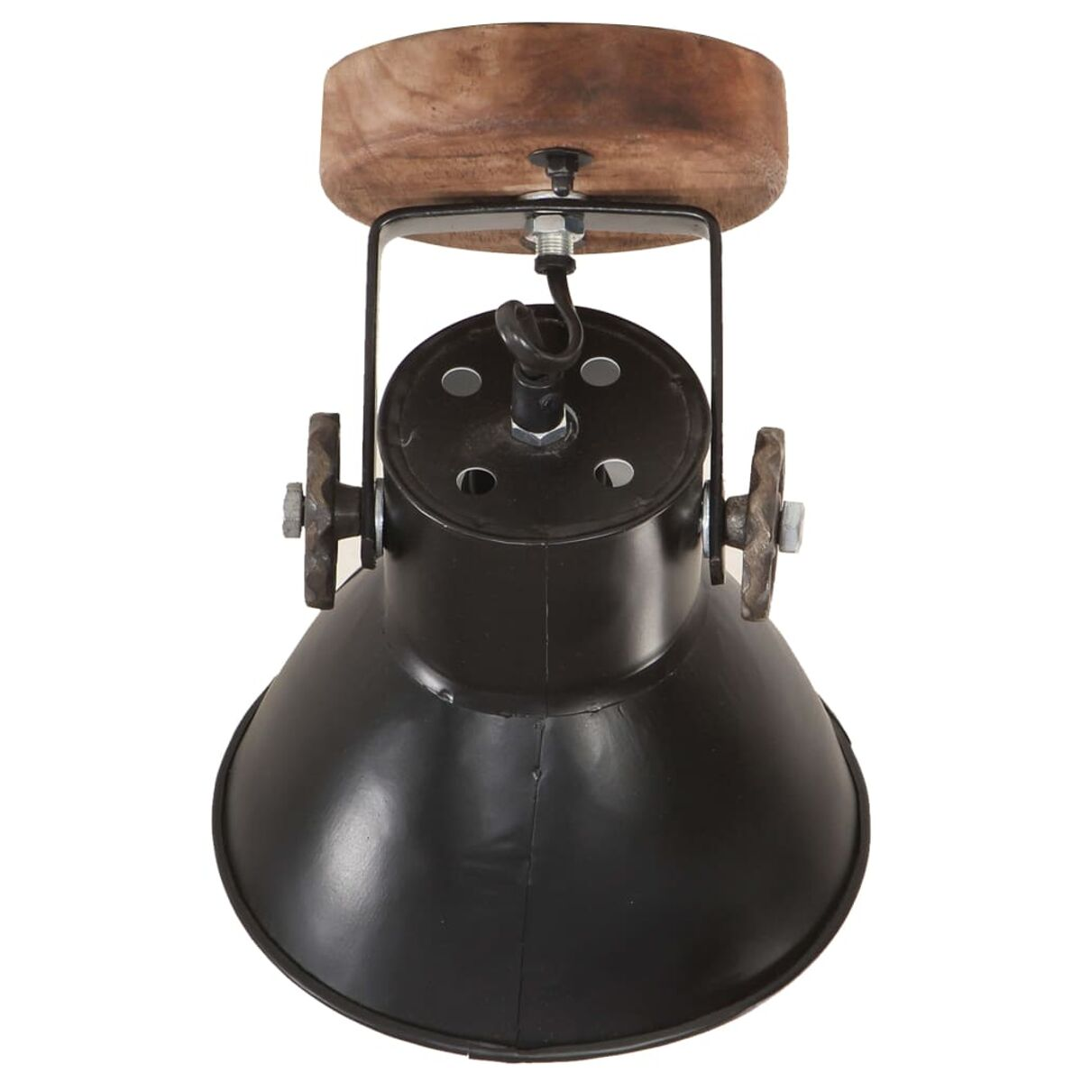 Schwarze Deckenlampe aus Metall mit Holzsockel. Merkmale ein kegelförmiger Schirm.