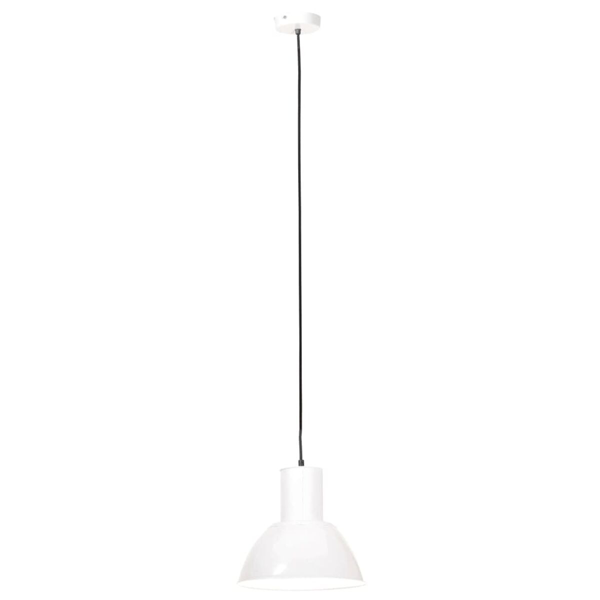 Weiße Pendelleuchte, schwarzes Kabel und Deckenhalterung. Einfaches, modernes Design.