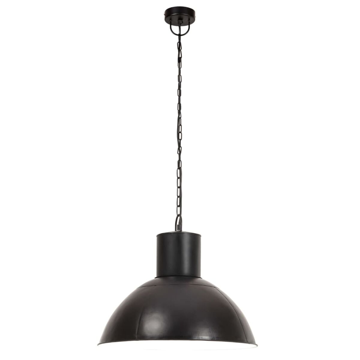 Schwarze Pendelleuchte. Kuppelförmiger Schirm, schwarze Kette und Deckenbefestigung. Weiß isoliert.