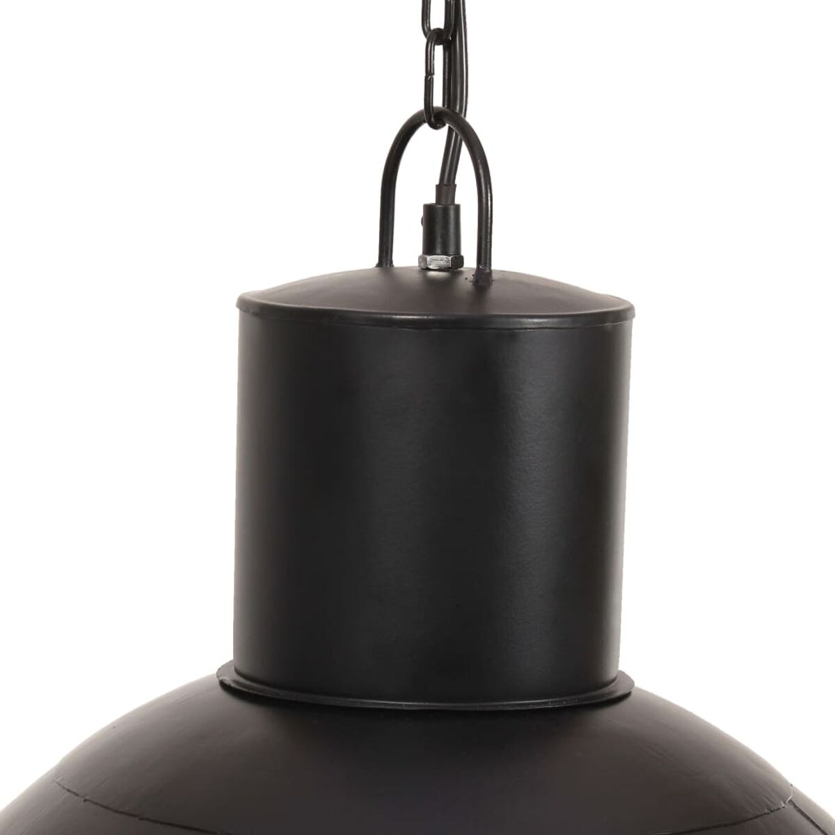 Schwarze Pendelleuchte im Industriestil, mit zylindrischem Oberteil und breitem Schirm.