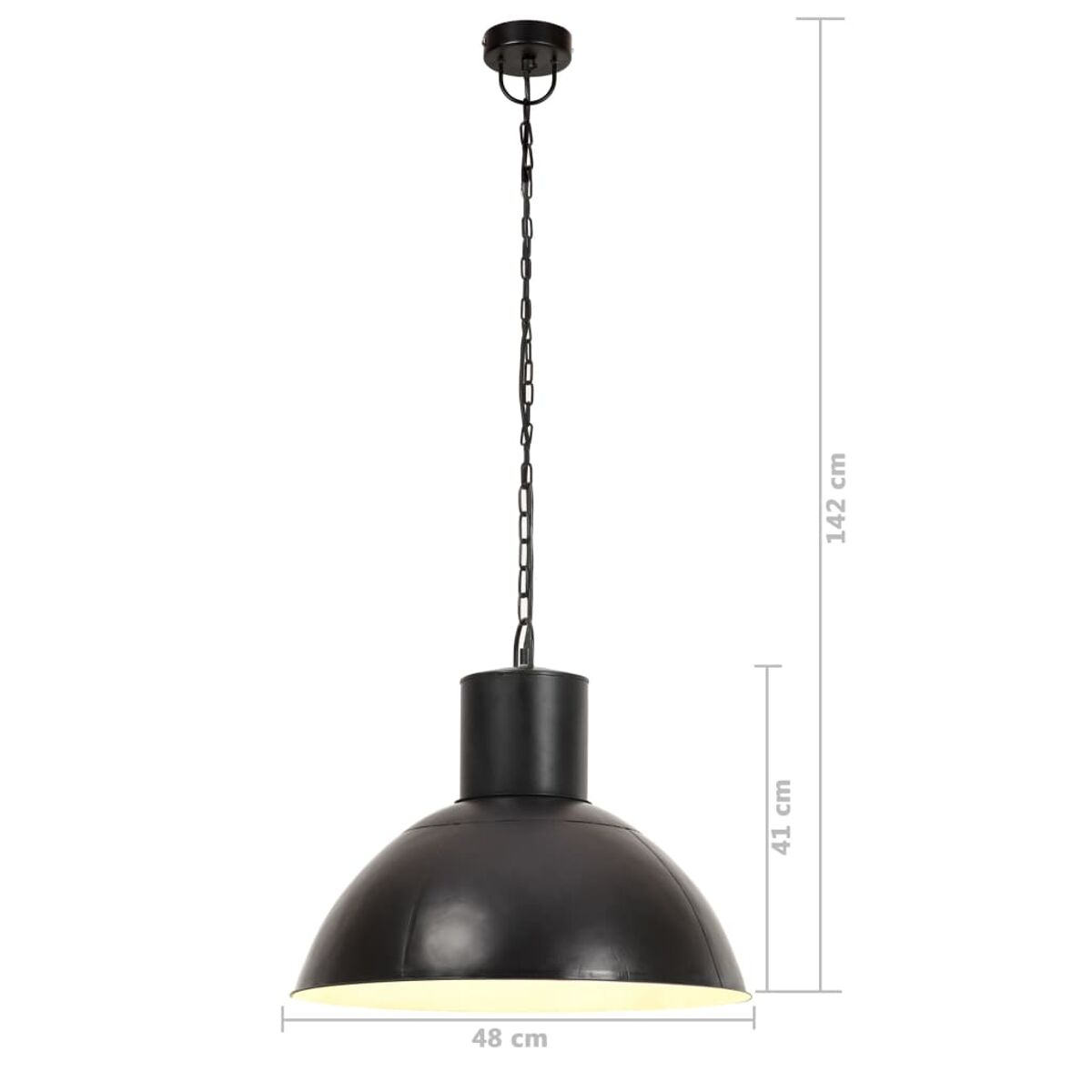 Schwarze Pendelleuchte mit breitem Lampenschirm. Abmessungen werden gezeigt.