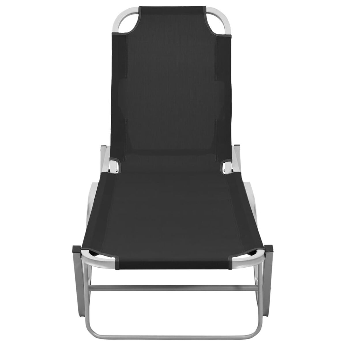 Schwarzer und silberner Outdoor-Liegestuhl. Schwarzer Stoffbezug, silberner Rahmen. Modernes Design.