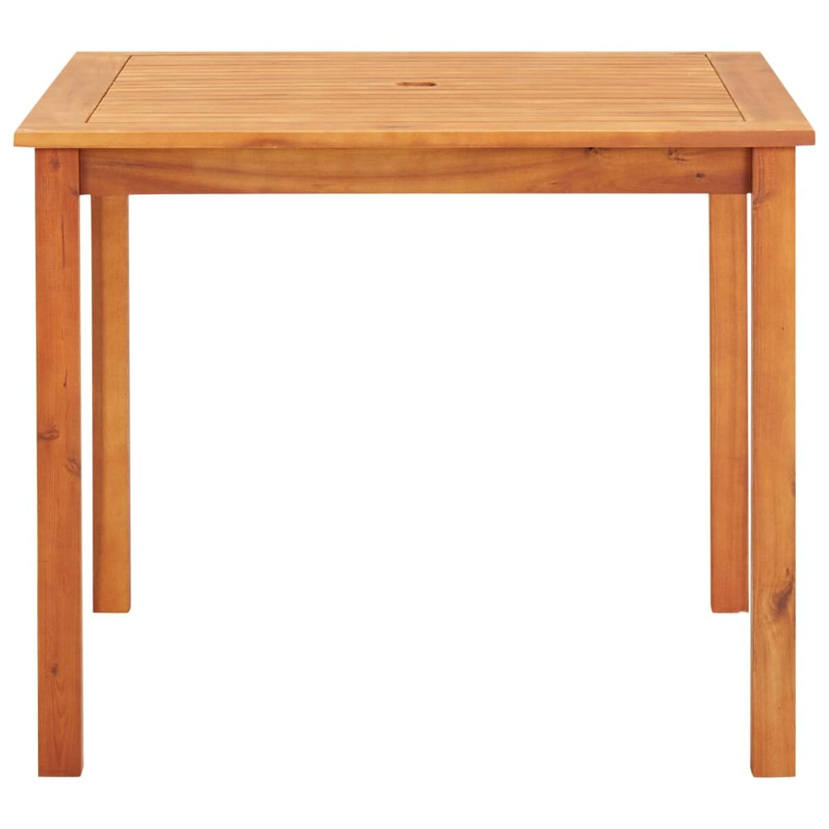 Quadratischer Holztisch mit vier Beinen. Oben hat ein Loch.