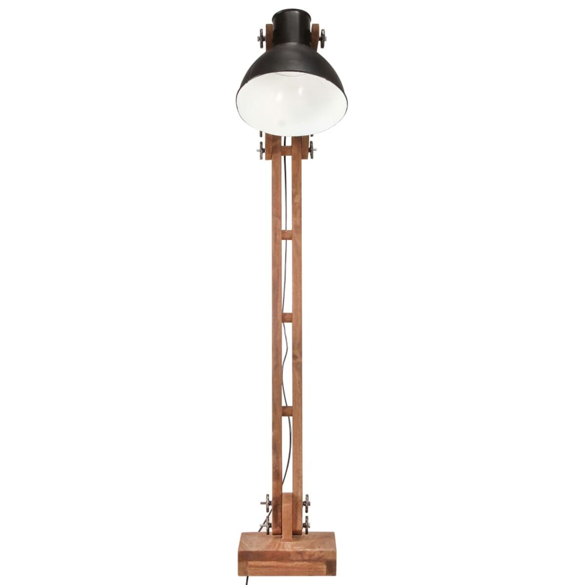Stehlampe aus Holz mit schwarzem Lampenschirm, Holzstange und Holzsockel.