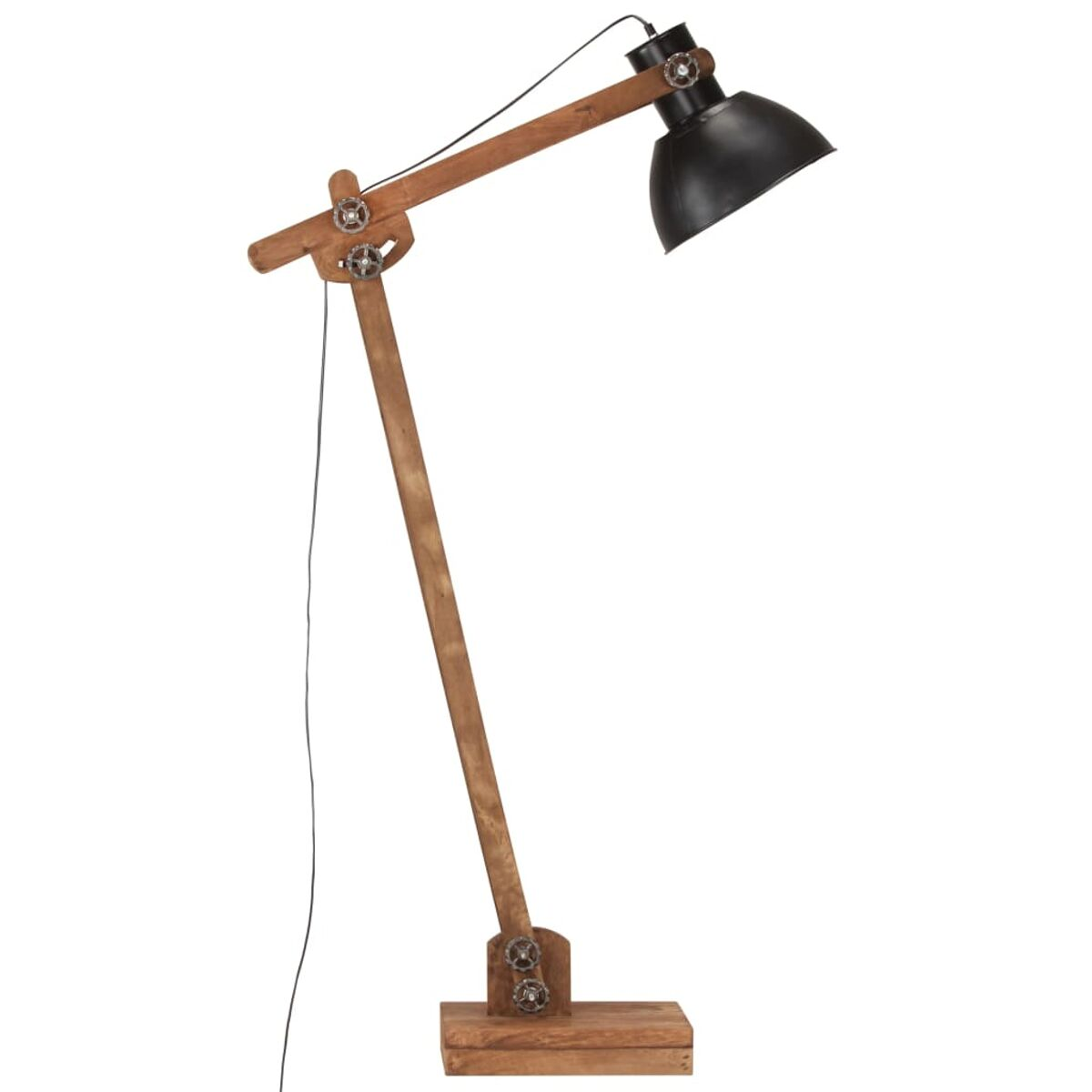 Holz- und schwarze Stehlampe. Holzrahmen mit verstellbarem schwarzen Lampenschirm. Modernes Design.