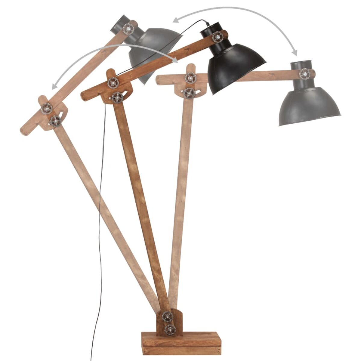Stehlampe aus Holz mit verstellbarem, schwarzem Lampenschirm. Mehrere Positionen.
