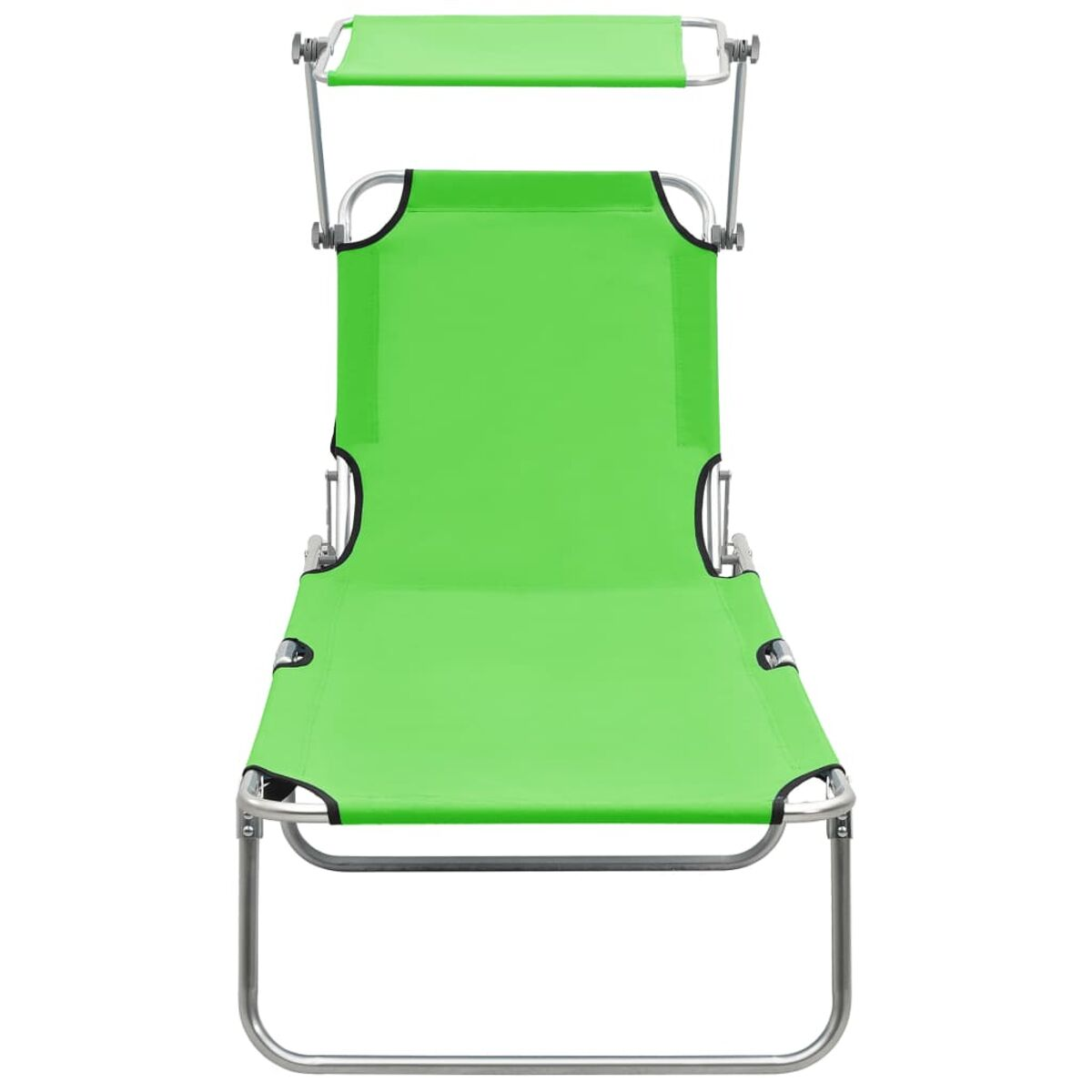 Grüne Sonnenliege mit verstellbarem Verdeck. Silberner Rahmen und schwarze Akzente.
