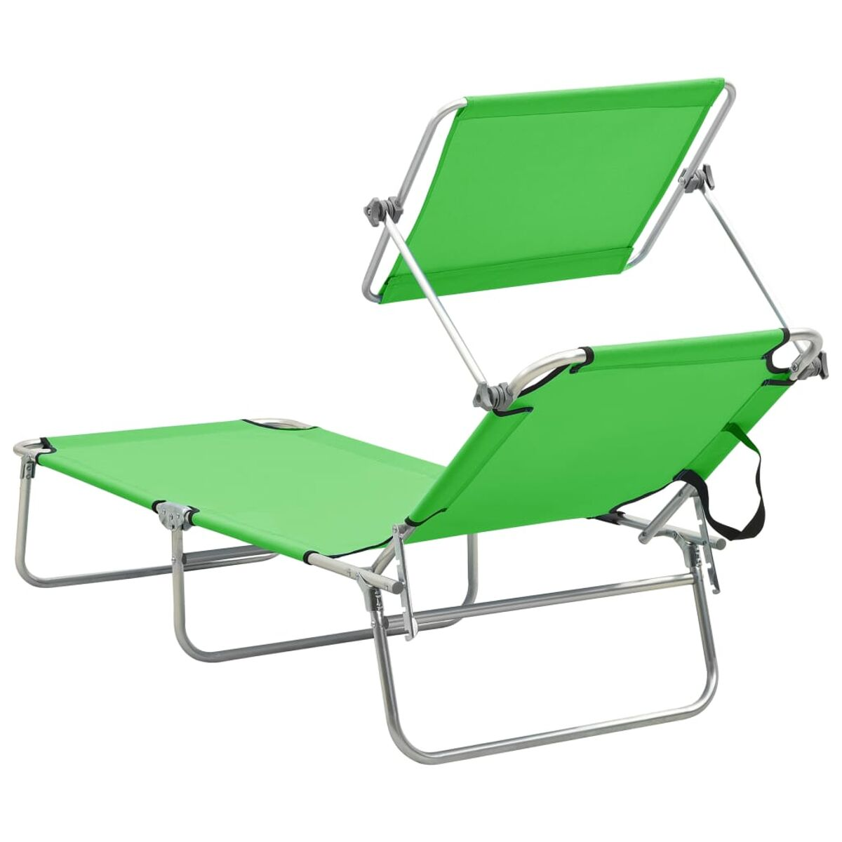 Grüner Klapp-Strandstuhl mit Sonnenschutz. Er ist auf weißem Hintergrund.