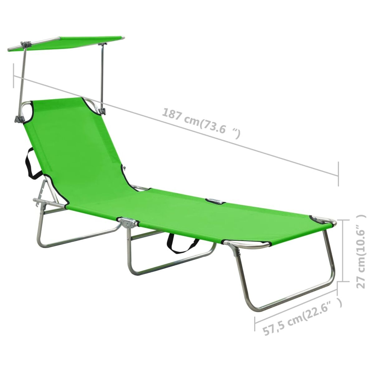 Grüner Strandstuhl mit Sonnenschutz. Metallrahmen.