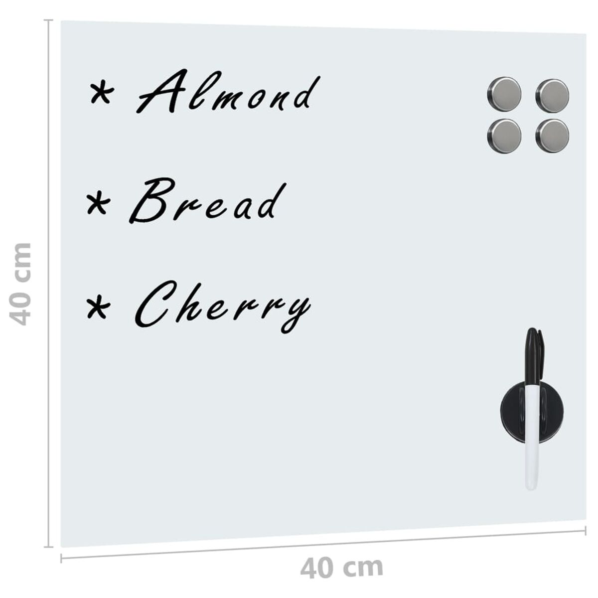 Eine weiße Tafel mit schwarzem Text: Almond, Bread, Cherry. Vier Magnete und ein schwarzer Marker.