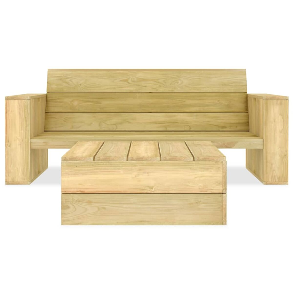 Ein helles Gartenmöbelset aus Holz, bestehend aus einer Bank und einem niedrigen Tisch.