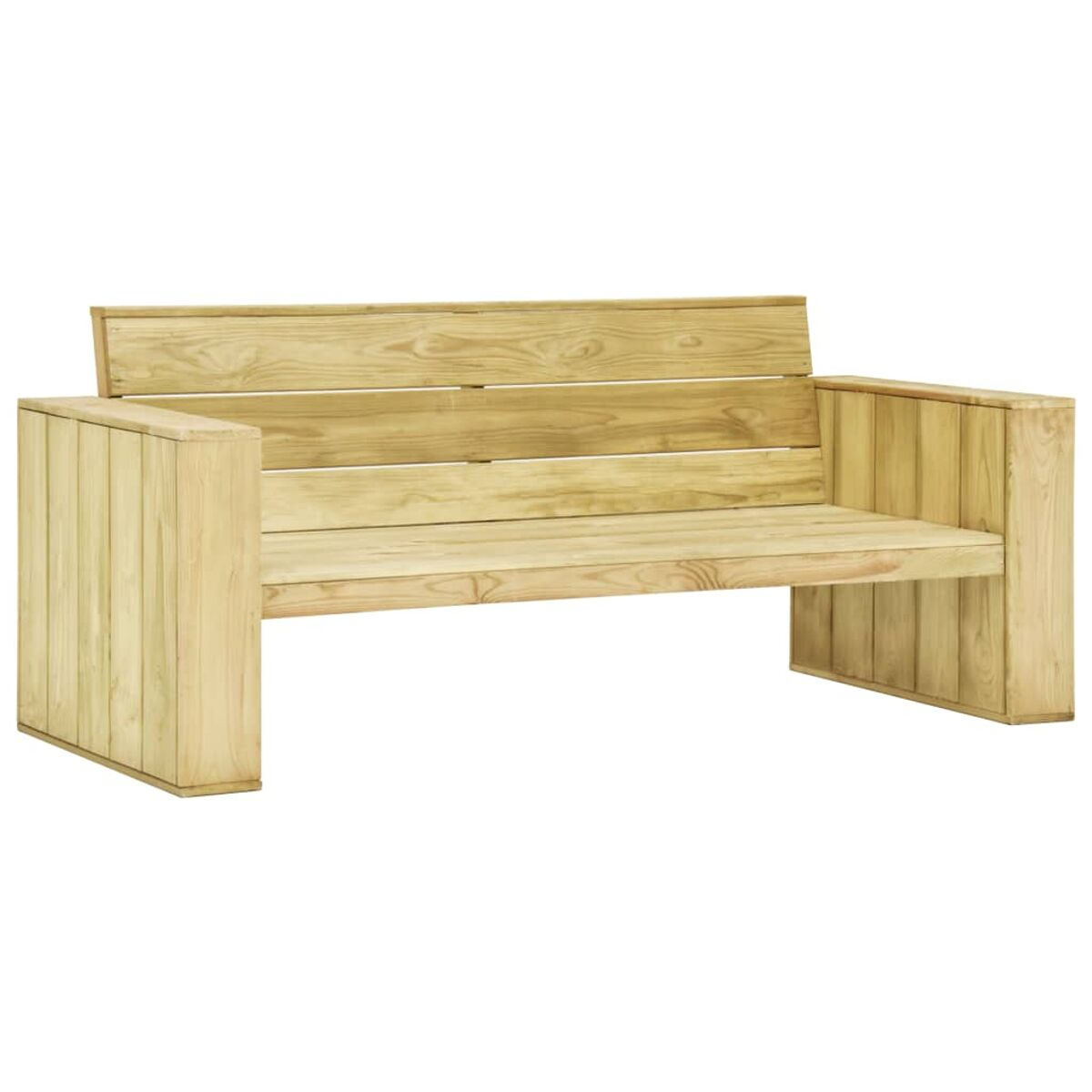 Holzbank mit Lattenrücken und Armlehnen. Die Bank ist aus hellem Holz gefertigt.