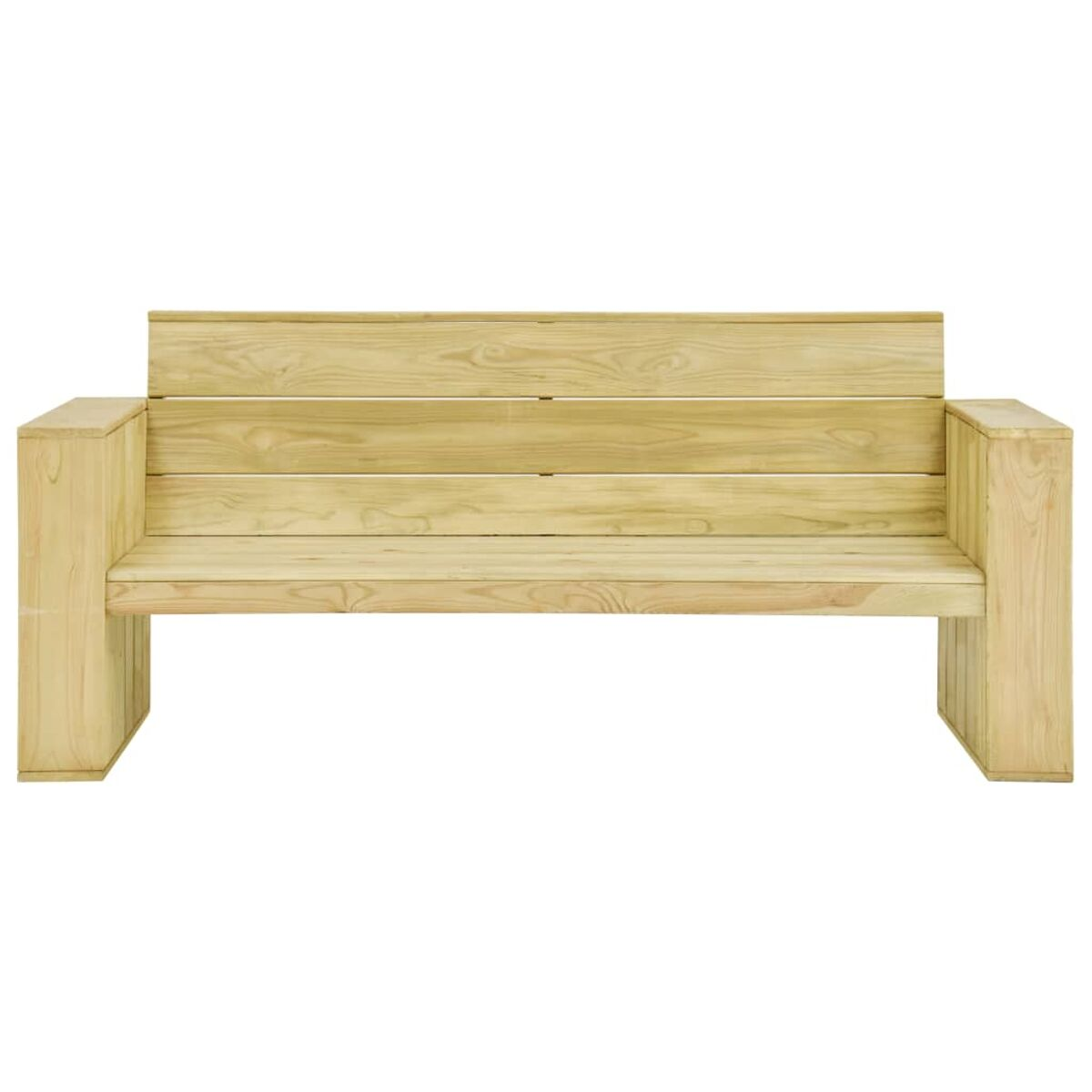 Holzbank mit Armlehnen, helles Holz.