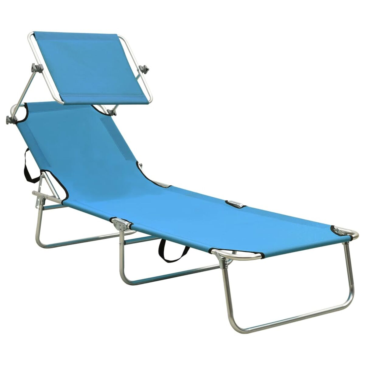 Blauer, zusammenklappbarer Strandstuhl mit Sonnenblende auf weißem Hintergrund.