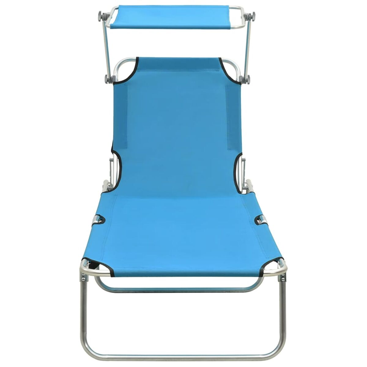 Blauer Strandstuhl mit Sonnenschutz, silberner Rahmen.