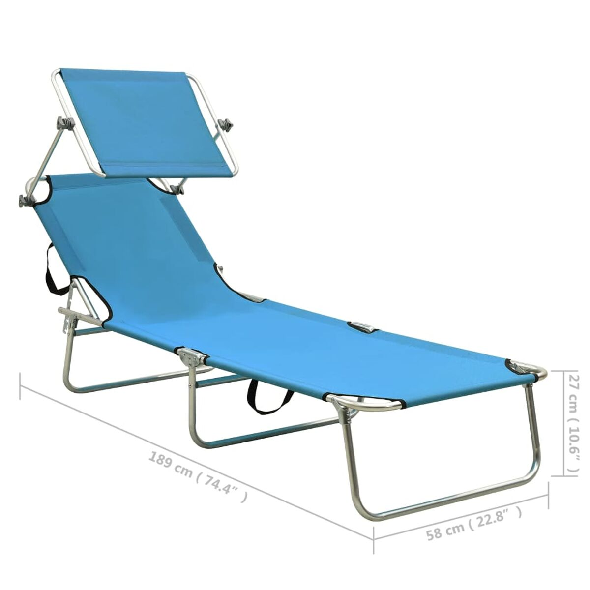Blauer und silberner Strandstuhl mit Sonnenschirm. Abmessungen in Zentimetern und Zoll werden angezeigt.